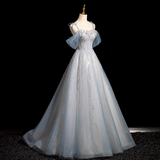 Niulatu Spaghetti Straps Tulle Sequins Long Prom Dress, Sweet Beaded Evening Dress HZ1103