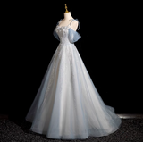 Niulatu Spaghetti Straps Tulle Sequins Long Prom Dress, Sweet Beaded Evening Dress HZ1103