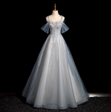 Niulatu Spaghetti Straps Tulle Sequins Long Prom Dress, Sweet Beaded Evening Dress HZ1103