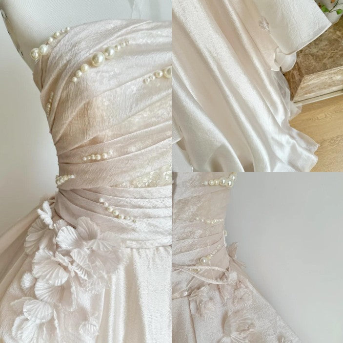 Niulatu Pink A-line Tulle Satin Long Prom Dresses Strapless Applique Wedding Dresses HZ1026