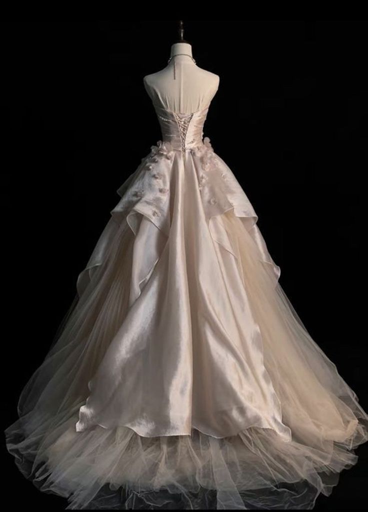 Niulatu Pink A-line Tulle Satin Long Prom Dresses Strapless Applique Wedding Dresses HZ1026