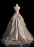 Niulatu Pink A-line Tulle Satin Long Prom Dresses Strapless Applique Wedding Dresses HZ1026