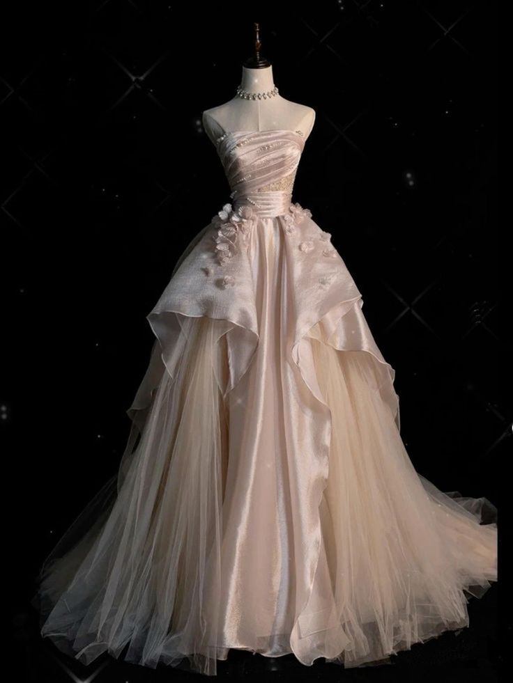 Niulatu Pink A-line Tulle Satin Long Prom Dresses Strapless Applique Wedding Dresses HZ1026