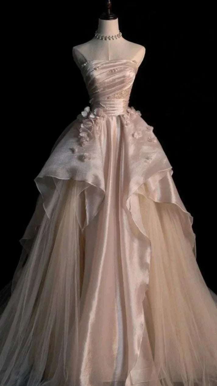 Niulatu Pink A-line Tulle Satin Long Prom Dresses Strapless Applique Wedding Dresses HZ1026