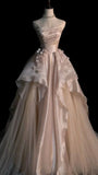 Niulatu Pink A-line Tulle Satin Long Prom Dresses Strapless Applique Wedding Dresses HZ1026