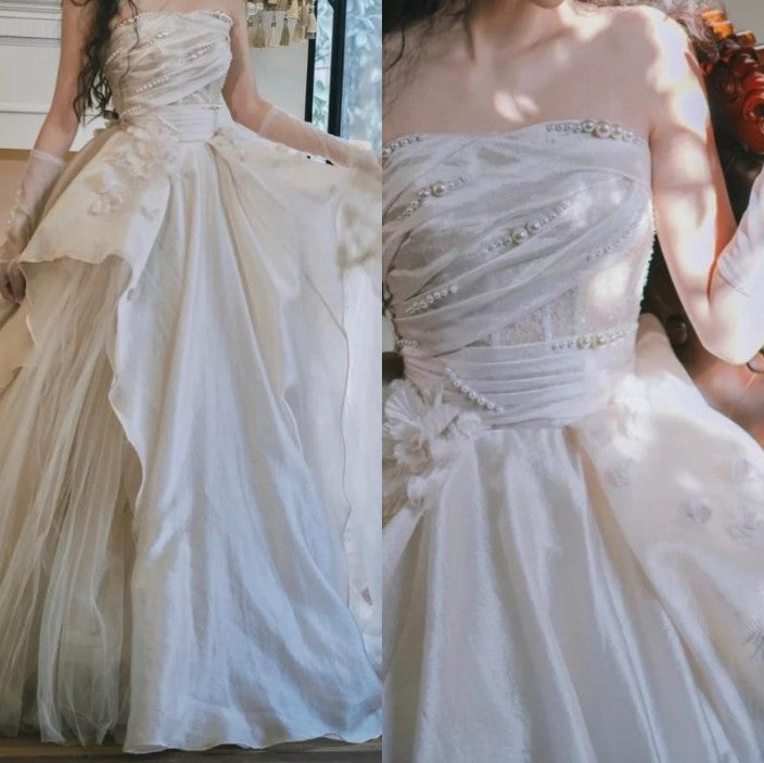 Niulatu Pink A-line Tulle Satin Long Prom Dresses Strapless Applique Wedding Dresses HZ1026