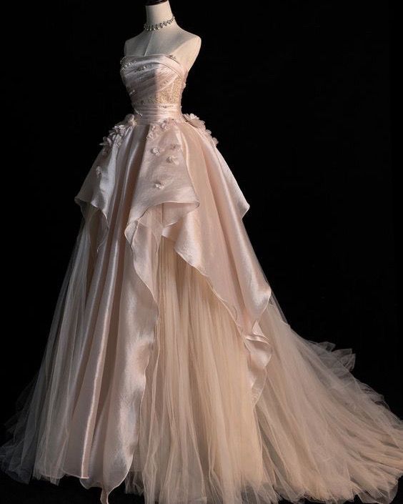 Niulatu Pink A-line Tulle Satin Long Prom Dresses Strapless Applique Wedding Dresses HZ1026