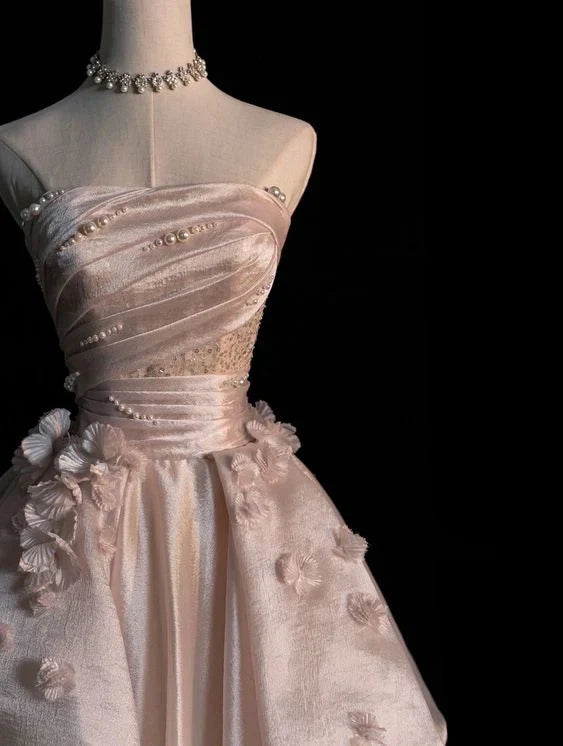 Niulatu Pink A-line Tulle Satin Long Prom Dresses Strapless Applique Wedding Dresses HZ1026
