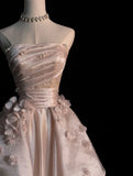 Niulatu Pink A-line Tulle Satin Long Prom Dresses Strapless Applique Wedding Dresses HZ1026