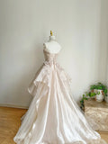 Niulatu Pink A-line Tulle Satin Long Prom Dresses Strapless Applique Wedding Dresses HZ1026