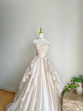 Niulatu Pink A-line Tulle Satin Long Prom Dresses Strapless Applique Wedding Dresses HZ1026