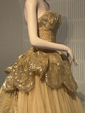 Niulatu A-line Strapless Tulle Sequined Long Ball Gown HZ1103
