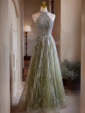 Niulatu A-line Halterneck Tulle Sequins Long Prom Dress, Beaded Evening Dress HZ1103