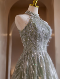 Niulatu A-line Halterneck Tulle Sequins Long Prom Dress, Beaded Evening Dress HZ1103
