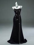 Niulatu Mermaid Spaghetti Straps Velvet Beaded Long Prom Dresses , Elegant Evening Dress HZ1103