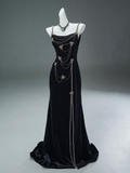 Niulatu Mermaid Spaghetti Straps Velvet Beaded Long Prom Dresses , Elegant Evening Dress HZ1103