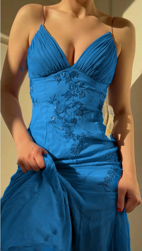 Niulatu Spaghetti Straps V-neck Beaded Backless Prom Dresses Party Dresses HZ1026