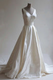 Niulatu A-line V-neck Satin Train Long Prom Dress Simple Wedding Dress HZ1103