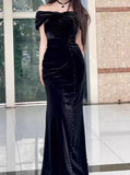 Niulatu Mermaid Off-the-shoulder Velvet Long Prom Dress, Elegant Evening Dress HZ1026