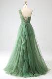Niulatu Green A-Line One-Shoulder sequins Tulle Long Prom Dress HZ1103