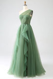 Niulatu Green A-Line One-Shoulder sequins Tulle Long Prom Dress HZ1103