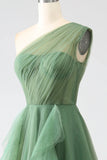 Niulatu Green A-Line One-Shoulder sequins Tulle Long Prom Dress HZ1103