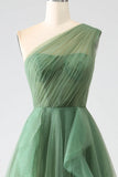 Niulatu Green A-Line One-Shoulder sequins Tulle Long Prom Dress HZ1103