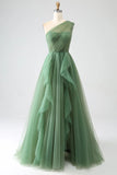 Niulatu Green A-Line One-Shoulder sequins Tulle Long Prom Dress HZ1103