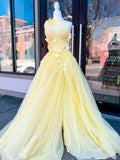 Niulatu Yellow A-line One Shoulder Tulle 3D Appliques Beading Long Prom Dress with Slit HZ1103