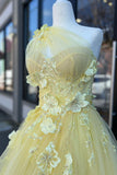 Niulatu Yellow A-line One Shoulder Tulle 3D Appliques Beading Long Prom Dress with Slit HZ1103