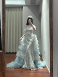 Niulatu Off-the-shoulder Tulle Sequin Long Ball Gown, Elegant Rhinestone Evening Gown HZ1103
