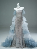Niulatu Off-the-shoulder Tulle Sequin Long Ball Gown, Elegant Rhinestone Evening Gown HZ1103