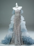 Niulatu Off-the-shoulder Tulle Sequin Long Ball Gown, Elegant Rhinestone Evening Gown HZ1103