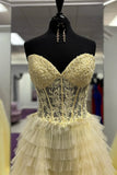 Niulatu A-line Strapless Multi-Layers Sweetheart Tulle Beaded Long Prom Dress with Slit HZ1103