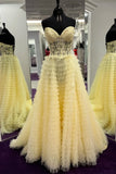 Niulatu A-line Strapless Multi-Layers Sweetheart Tulle Beaded Long Prom Dress with Slit HZ1103