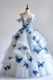 Niulatu A-Line Fairytale Tulle Long Prom Dress with 3D Butterfly??Off-the-shoulder Evening Gown for Birthday&Quinceanera HZ1026