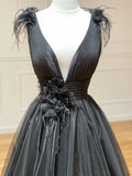 Niulatu Line Black V Neck Tulle Long Prom Dress HZ1103