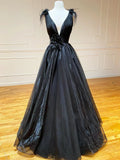 Niulatu Line Black V Neck Tulle Long Prom Dress HZ1103