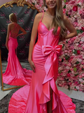Niulatu Straps V-Neck Satin Mermaid Prom Dress with Bow HZ1103