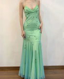 Niulatu Green Mermaid Spaghetti Straps Long Prom Dresses HZ1103