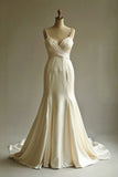 Niulatu Champagne Mermaid Satin V-neck Long Prom Dress Spaghetti Strap Beaded Wedding Dress HZ1103