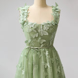 Niulatu Green A-Line Tulle Spaghetti Straps 3D Butterfly Long Prom Dress Sweet Adult Graduation Prom Dress HZ1103
