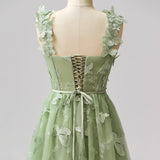 Niulatu Green A-Line Tulle Spaghetti Straps 3D Butterfly Long Prom Dress Sweet Adult Graduation Prom Dress HZ1103