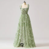Niulatu Green A-Line Tulle Spaghetti Straps 3D Butterfly Long Prom Dress Sweet Adult Graduation Prom Dress HZ1103