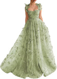 Niulatu Green A-Line Tulle Spaghetti Straps 3D Butterfly Long Prom Dress Sweet Adult Graduation Prom Dress HZ1103
