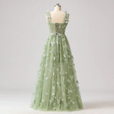 Niulatu Green A-Line Tulle Spaghetti Straps 3D Butterfly Long Prom Dress Sweet Adult Graduation Prom Dress HZ1103