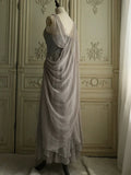 Niulatu Spaghetti Straps Transparent Beads Sweetheart Neck Grey Long Prom Dress HZ1103