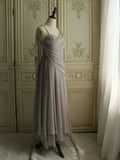 Niulatu Spaghetti Straps Transparent Beads Sweetheart Neck Grey Long Prom Dress HZ1103