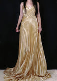 Niulatu A-line Spaghetti Straps Satin Beaded Long Prom Dress V-neck Retro Evening Dress HZ1103