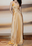 Niulatu A-line Spaghetti Straps Satin Beaded Long Prom Dress V-neck Retro Evening Dress HZ1103